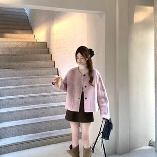 羊毛外套 双面呢大衣圆领短款 咖色呢子半裙包臀短裙 新款 港味秋季