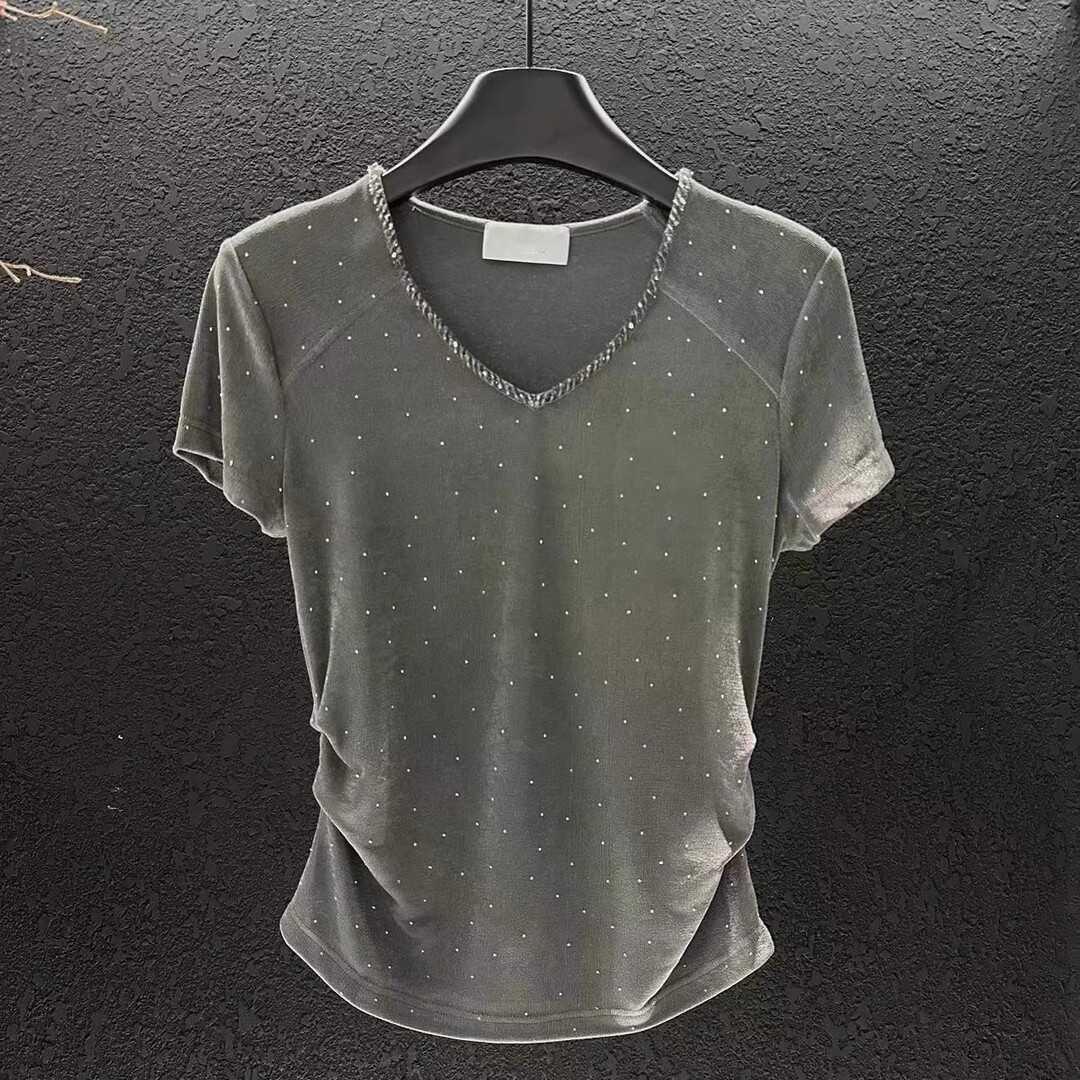 大码欧货烫钻V领短袖T恤女2025夏季胖mm遮肚子修身巨显瘦收腰上衣