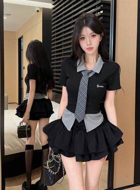 美式辣妹设计感假两件polo领短袖t恤上衣女+显瘦蓬蓬裙短裤裙套装