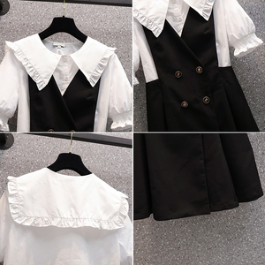 RM3041#大码女装 新款娃娃领短袖白色衬衫学院风显瘦连衣裙套装