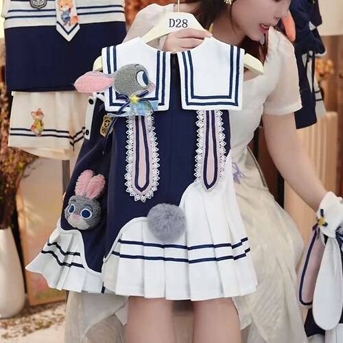 学院风海军领连衣裙女童卡通兔子百褶公主裙洋气女孩无袖背心裙子