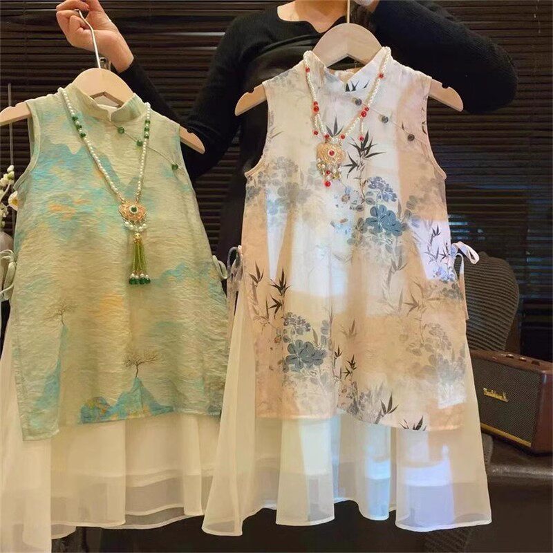女童连衣裙夏季2025新款儿童洋气水墨山水画无袖旗袍裙女孩公主裙