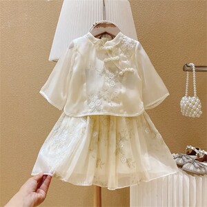 女童洋气中国风套装2023夏季新款女宝宝汉服盘扣上衣裙子两件套潮
