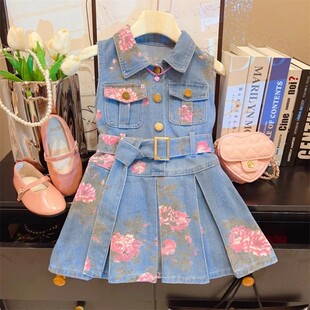 女童印花牛仔裙夏季薄款2025儿童洋气无袖背心裙小女孩时尚连衣裙