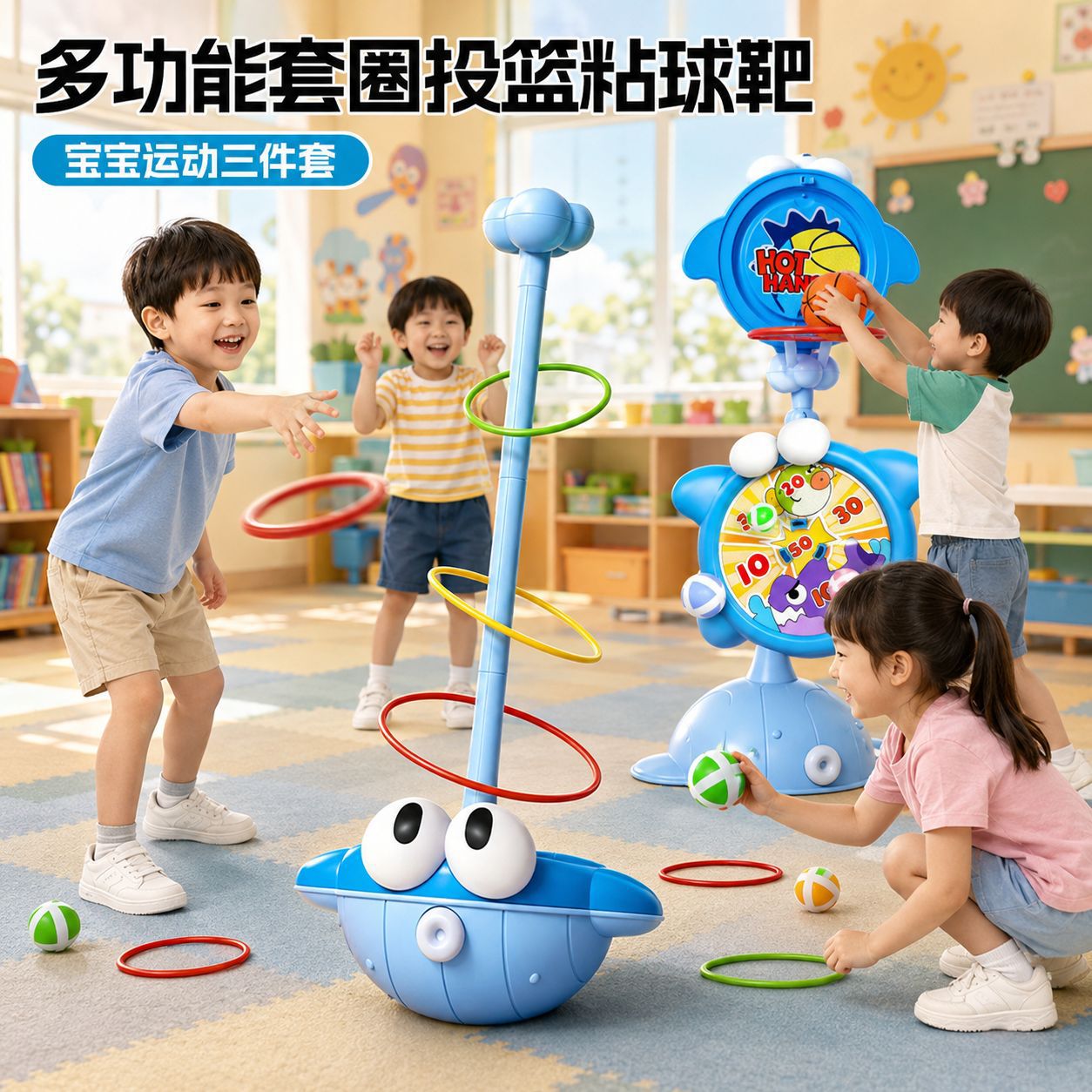 跨境新款六一礼物玩具多功能投篮架粘粘球套圈室内外宝宝户外运动