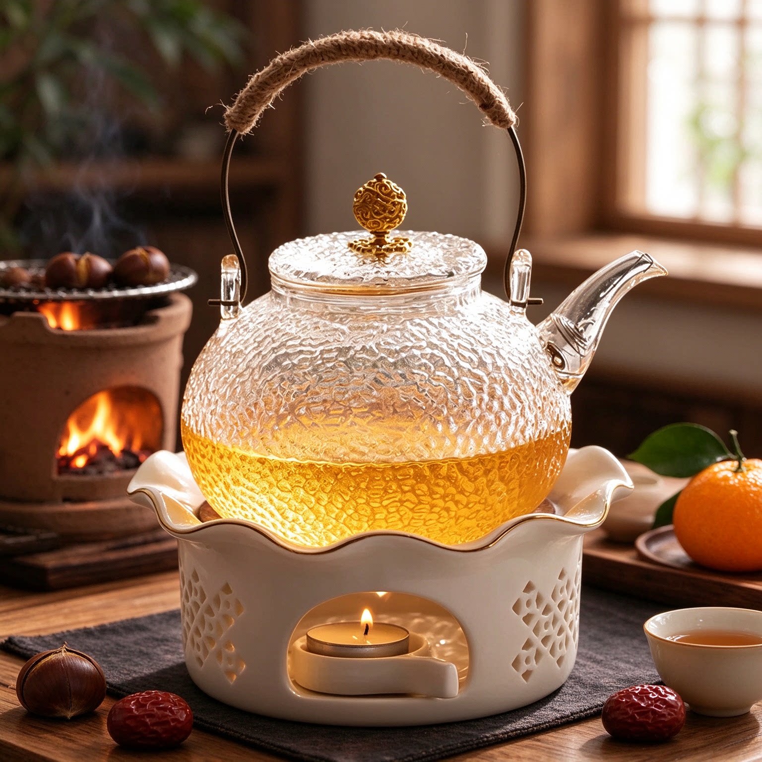 温茶花围炉煮茶茶壶套装蜡烛加热