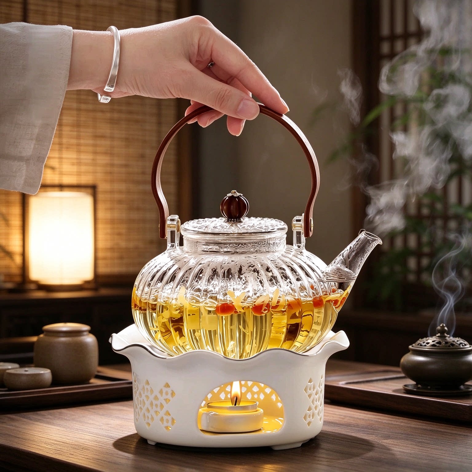 玻璃围炉煮茶提梁壶蜡烛加热套装