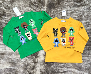 男女童春秋两色日单双面图案黑熊变身贴布刺绣及印花纯棉长袖 T恤