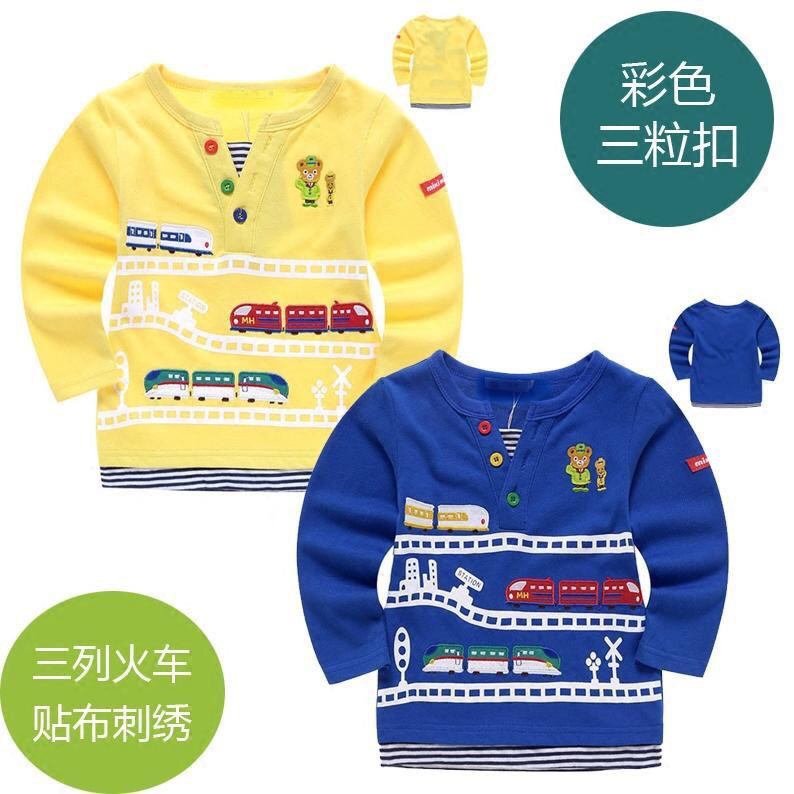男童日单春秋两色小熊三列火车贴布刺绣及印花纯棉三粒扣长袖T恤
