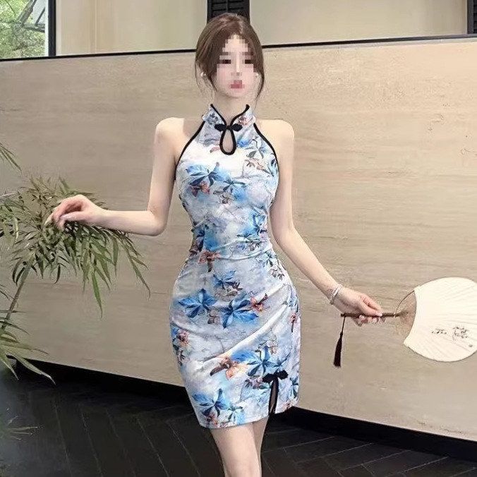 夏季性感风改良旗袍露肩印花盘扣连衣裙女宴会收腰包臀开叉短裙子