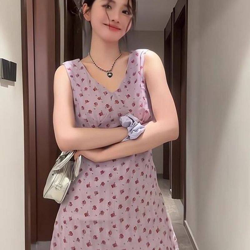 度假风紫色v领无袖背心连衣裙女夏季茶歇法式碎花裙收腰A字短裙子
