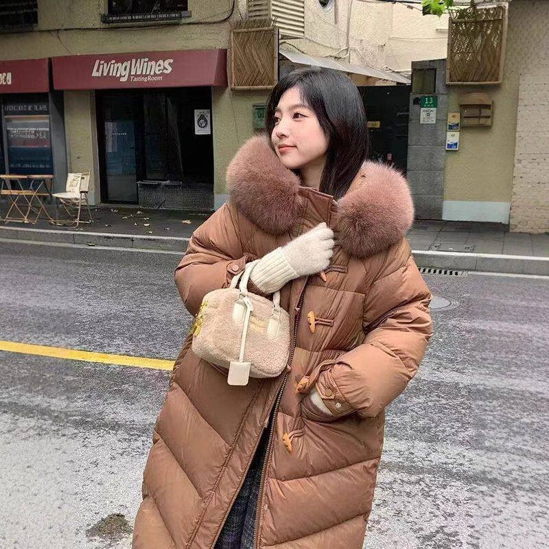 新款90白鸭绒牛角扣羽绒服女中长款冬季加厚大毛领韩版高端面包服