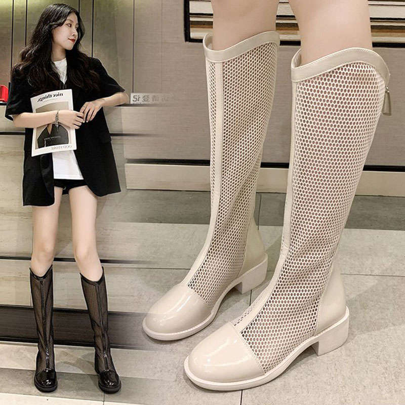 白色长靴女2025新款透气镂空网靴夏季薄款网纱长筒靴瘦瘦靴骑士