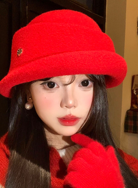 红色毛呢礼帽女冬季新年氛围感法式赫本风气质富家千金帽子贝雷帽
