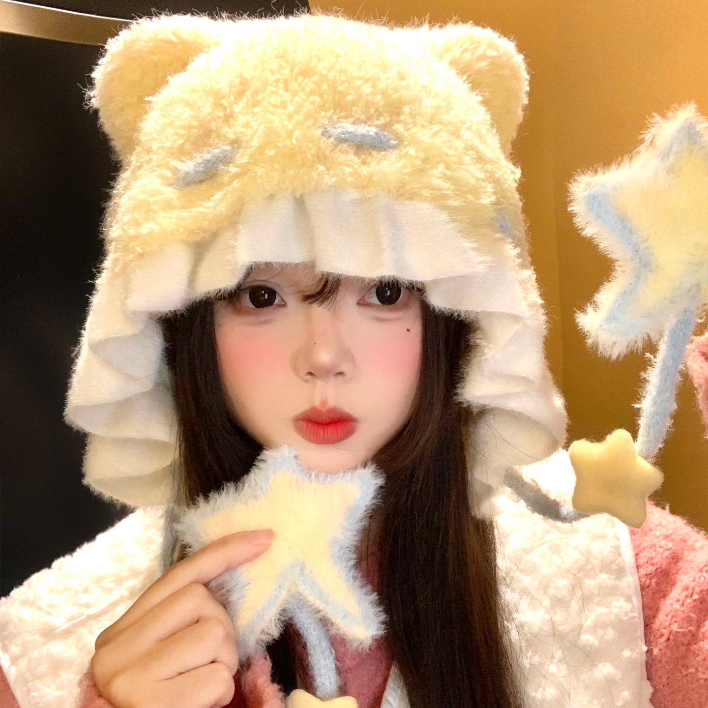 可爱星星花边小熊耳朵毛绒针织帽