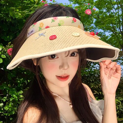 可爱纽扣花朵黑胶空顶防晒帽女