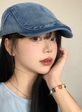 复古水洗牛仔前进帽女百搭大头围显脸小贝雷帽小头围反戴蓝色帽子