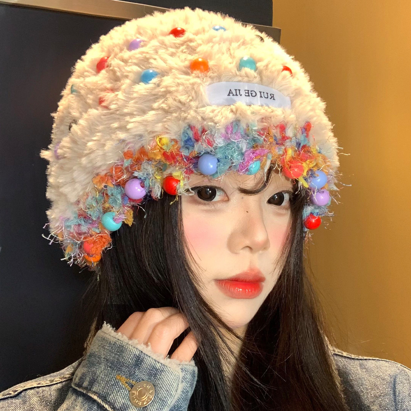 彩色珠子毛绒针织帽女冬季韩系显脸小毛线帽加厚保暖防寒护耳帽子,服饰配件/皮带/帽子/围巾,帽子,淘宝优惠券,粉丝福利购,淘宝优惠卷