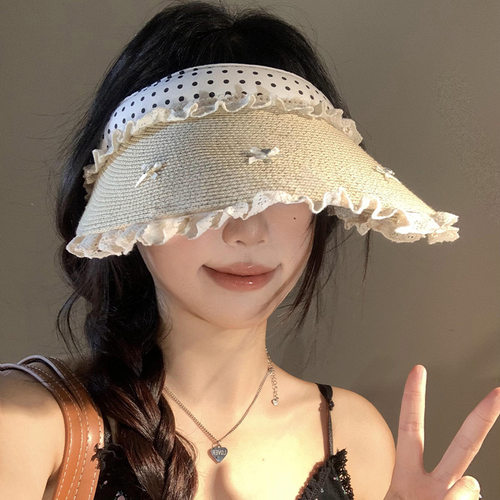 蕾丝花边蝴蝶结草编空顶帽大帽檐