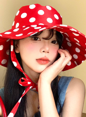 红色波点绑带渔夫帽女夏季防紫外线大帽檐遮阳防晒帽户外太阳帽子