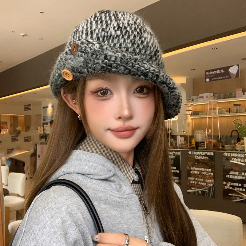 纽扣针织渔夫帽韩版百搭显脸小