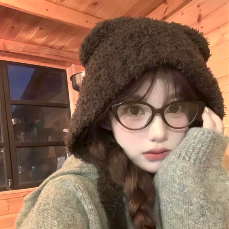 可爱小熊耳朵毛绒针织帽女显脸小