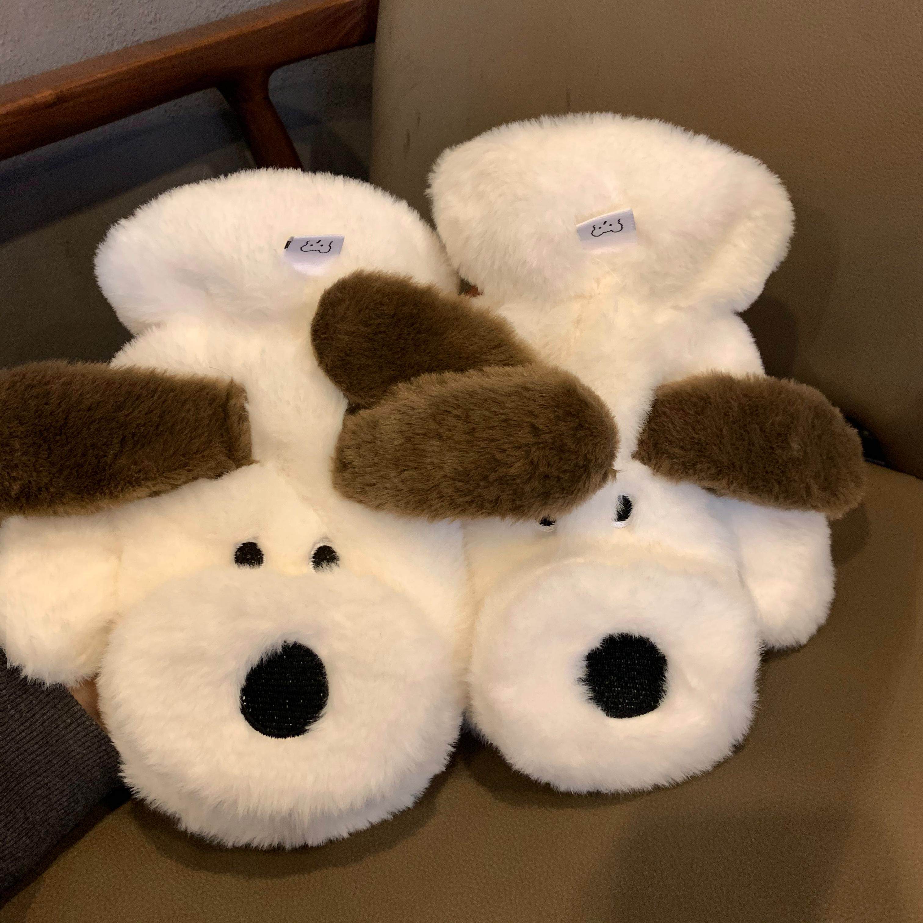 卡通小狗毛绒手套女冬季韩版可爱加绒加厚挂脖骑行防寒连指保暖