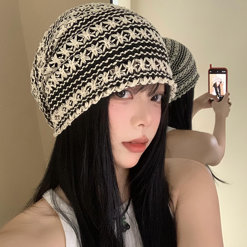 日系镂空条纹堆堆帽薄款显脸小