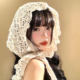 花朵蕾丝头巾女春夏季 高级感镂空三角巾包头丝巾头饰绑发发带 法式