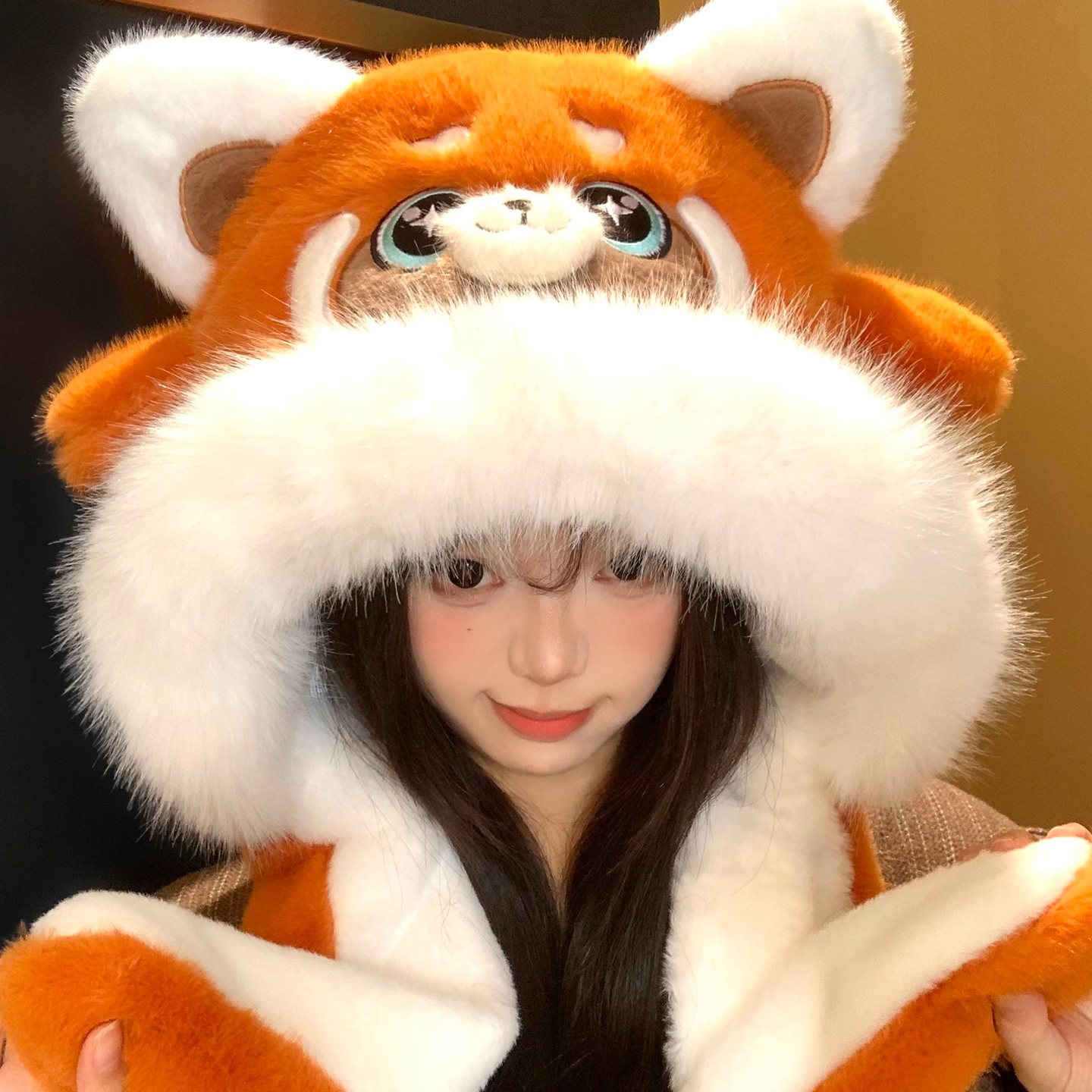 小手会动~小浣熊帽子围巾一体