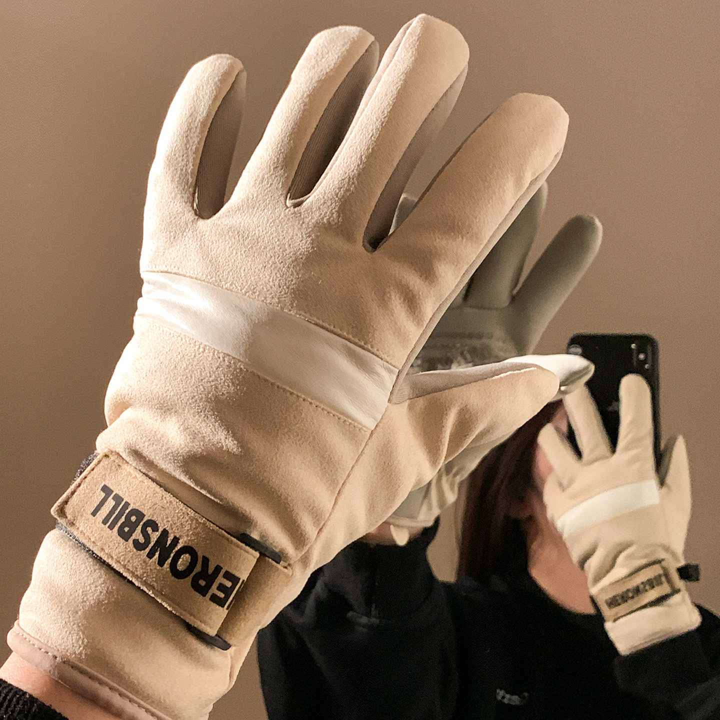 麂皮绒骑行手套女冬季触屏五指加绒加厚保暖防寒电动车摩托车防风