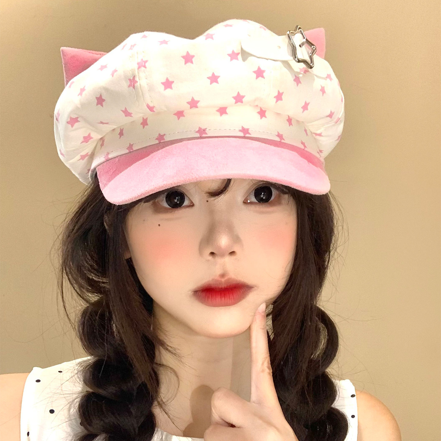粉色可爱星星猫耳朵八角贝雷帽女夏季大头围显脸小画家帽报童帽子