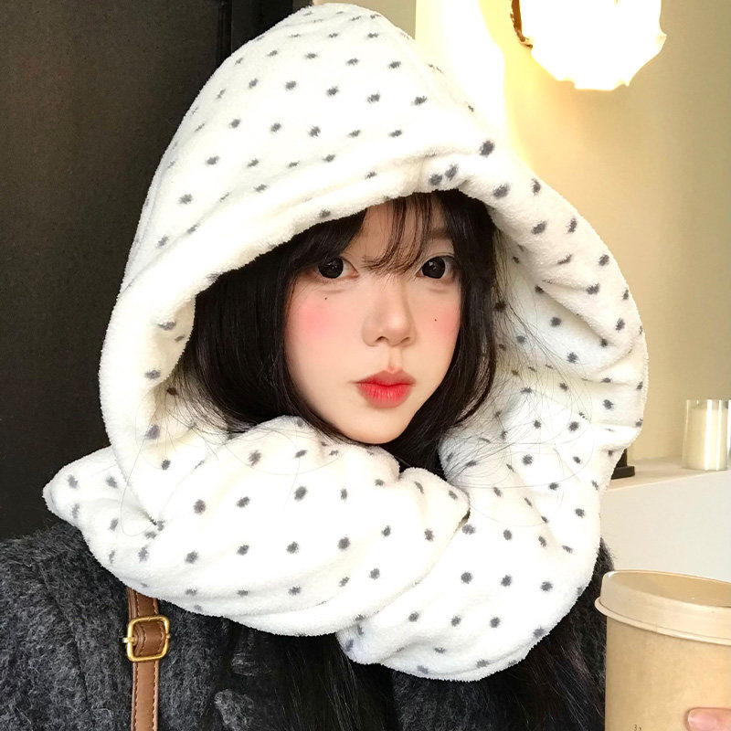 白色波点帽子围巾一体女冬季毛绒加厚保暖防寒护耳连帽围脖雷锋帽,服饰配件/皮带/帽子/围巾,帽子,淘宝优惠券,粉丝福利购,淘宝优惠卷