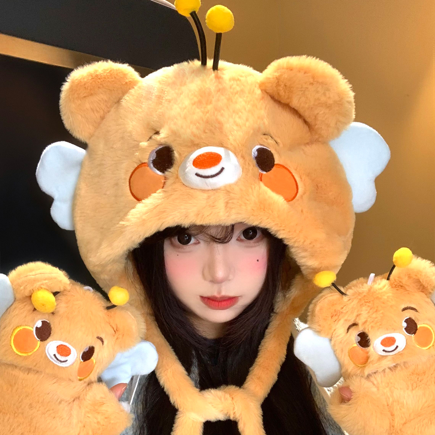 可爱蜜蜂小熊毛绒帽女冬季显脸小