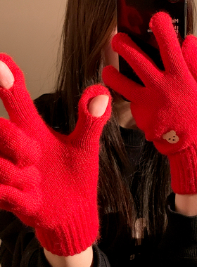 可爱小熊刺绣红色针织毛线手套女冬季可触屏露指保暖防寒骑行五指