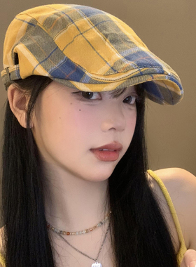 黄色格子多巴胺前进帽女复古百搭大头围贝雷帽薄款显脸小反戴帽子