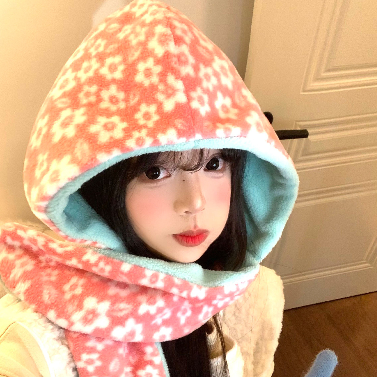 粉色花朵双面毛绒帽子围巾一体女秋冬季显脸小保暖防寒护耳雷锋帽,服饰配件/皮带/帽子/围巾,帽子,淘宝优惠券,粉丝福利购,淘宝优惠卷