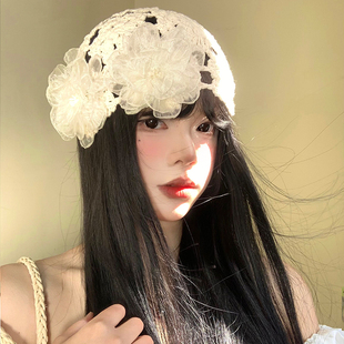 蕾丝花朵镂空包头帽女夏季 手工编织帽显脸小套头针织毛线帽子 薄款