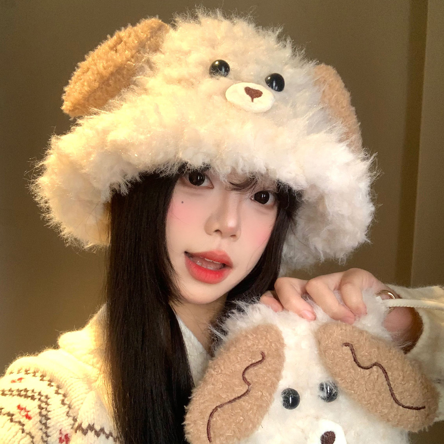 可爱小狗耳朵毛绒渔夫帽女冬季