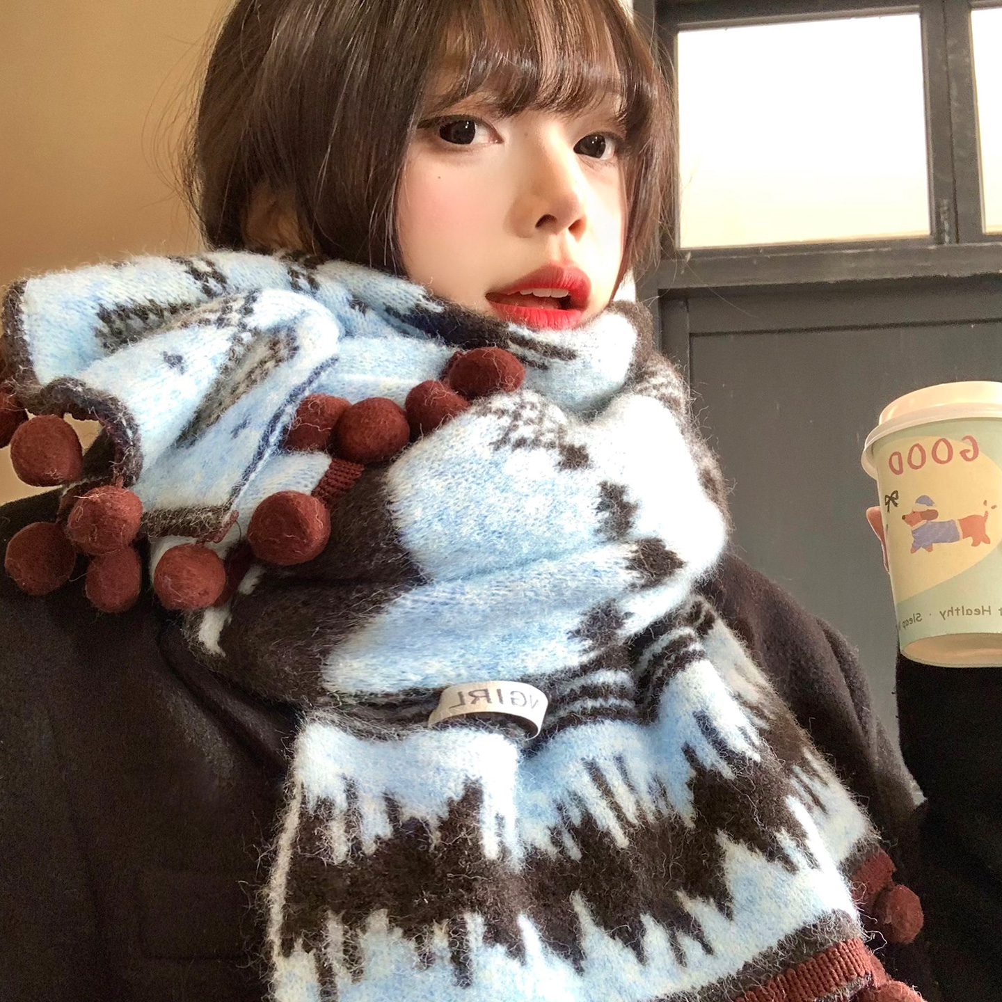 费尔岛复古球球流苏针织围巾女秋冬季氛围感加厚保暖防寒护颈围脖