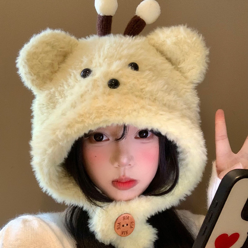 蜜蜂小熊针织毛绒帽女秋冬季可爱