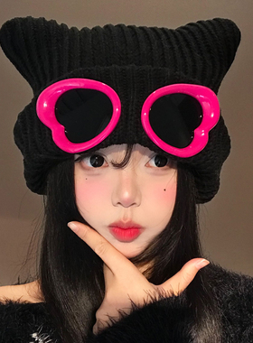 宁艺卓同款甜酷辣妹护目镜猫耳朵毛线帽子女秋冬季爱心飞行针织帽