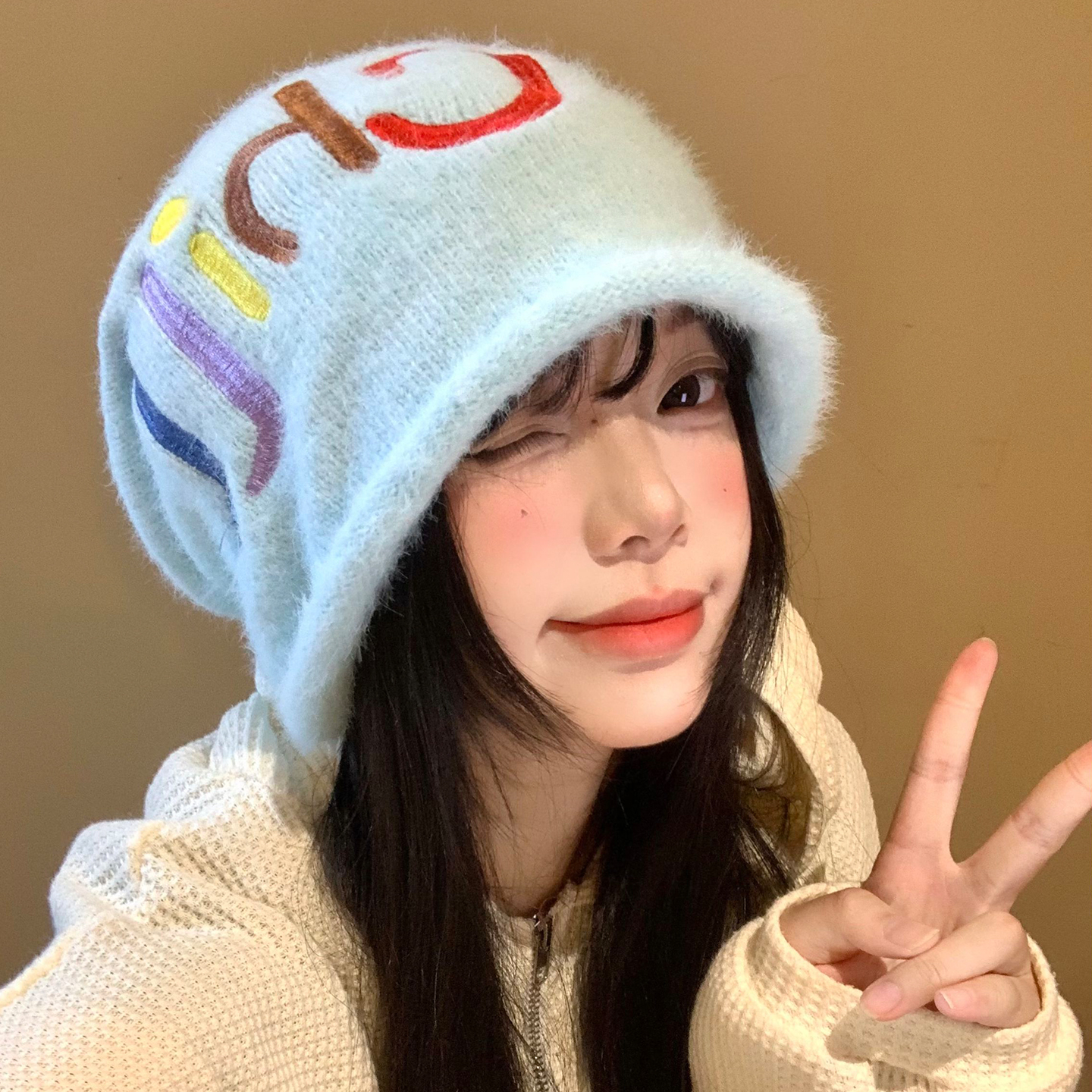 彩色字母蓝色堆堆帽女秋冬韩版显脸小包头帽宽松大头围保暖冷帽子