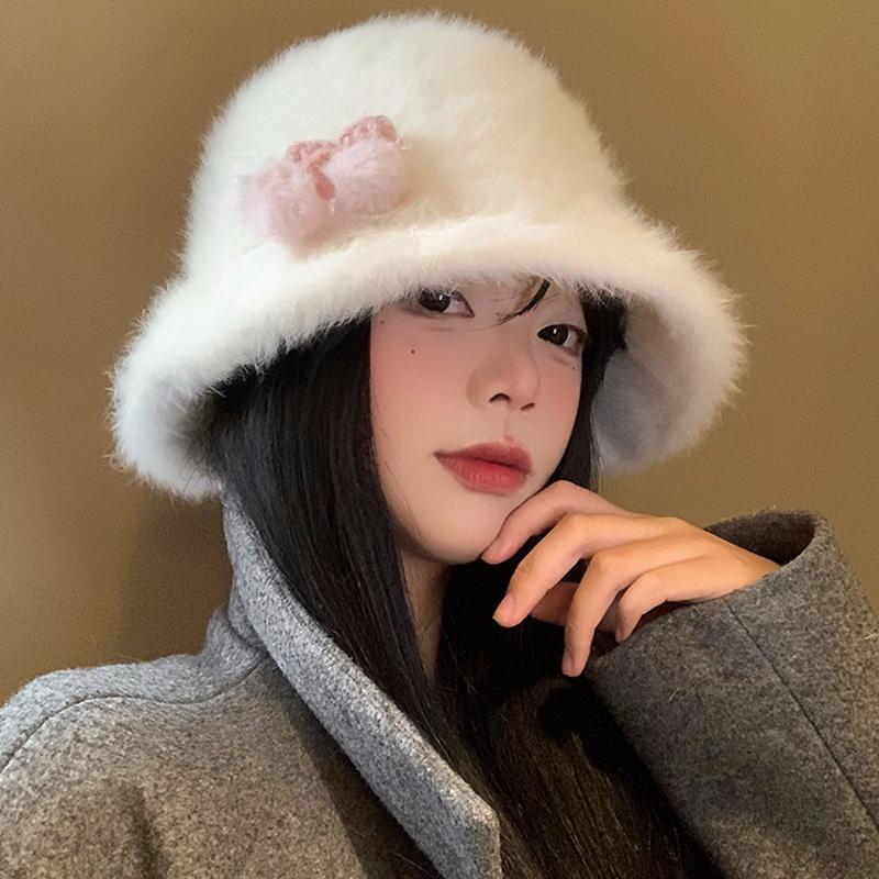 小樱桃兔毛渔夫帽女冬季