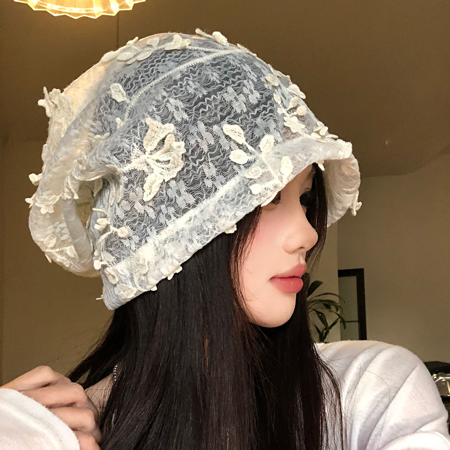 蕾丝镂空花朵包头帽女春夏薄款法式百搭堆堆帽显脸小冷帽套头帽子