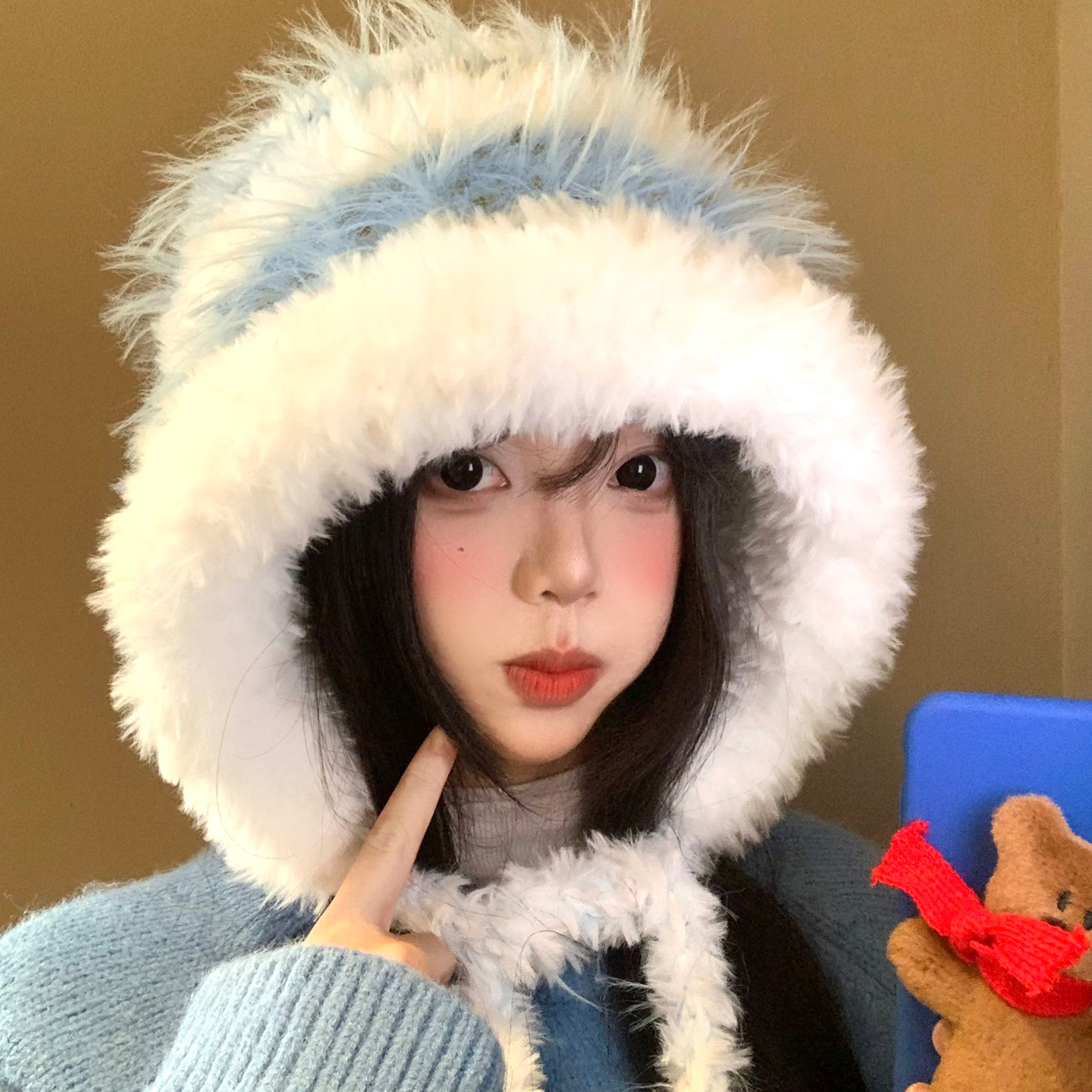 蓝色毛绒条纹针织帽韩系显脸小