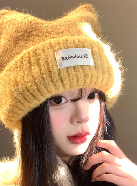 黄色猫耳朵针织帽女冬季可爱甜美显脸小毛线帽大头围保暖护耳帽子