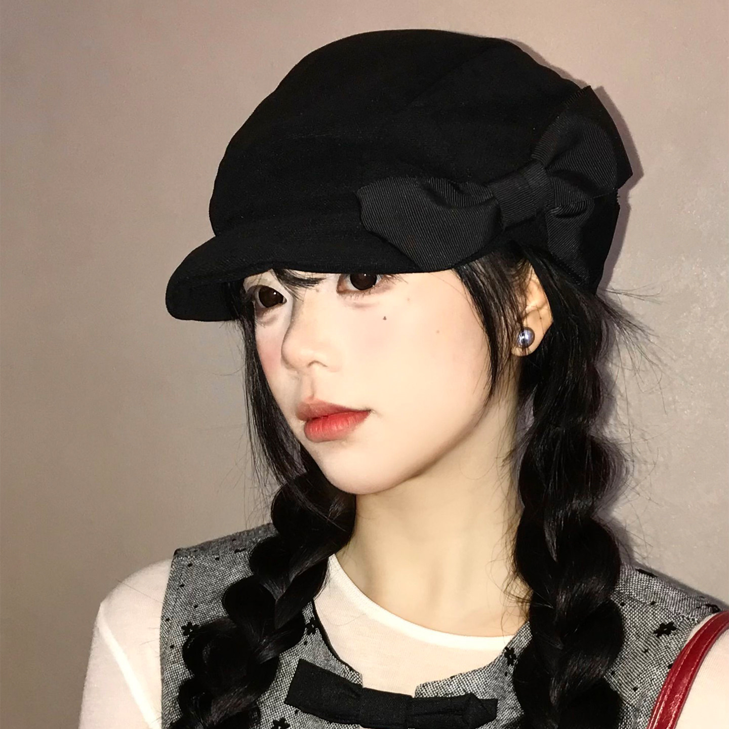 黑色蝴蝶结贝雷帽日系复古显脸小