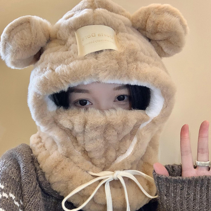 可爱小熊毛绒帽子口罩围巾一体