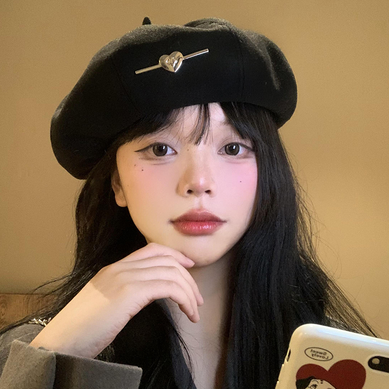 爱心黑色毛呢贝雷帽韩系画家帽子